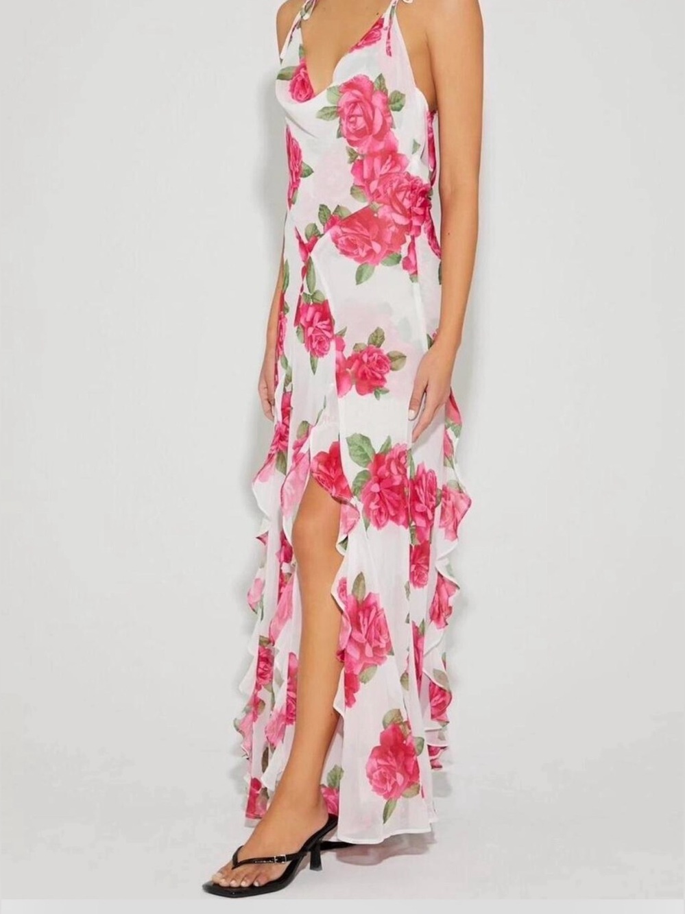 Betsey Johnson x Forever 21 Ruffled Roses Strappy Feminine Romantic Maxi Dress M